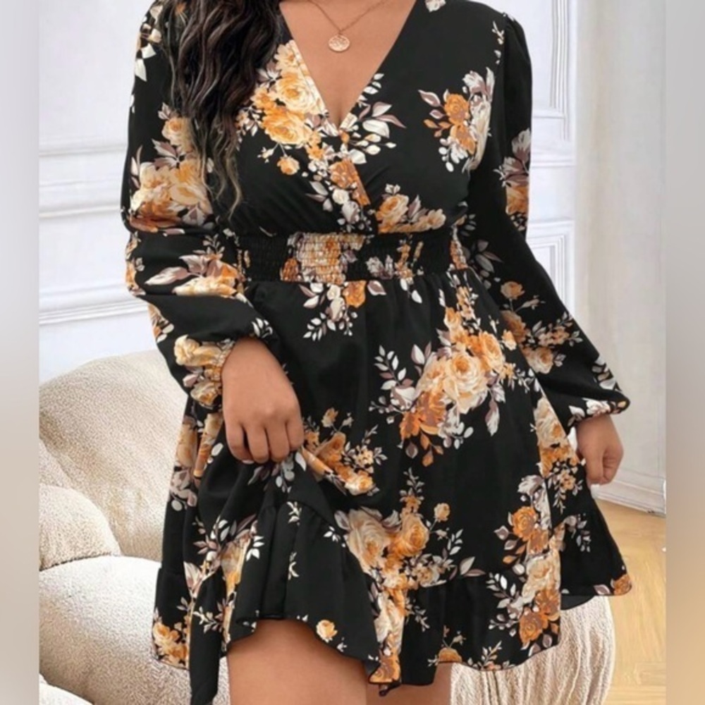 J for Justify Black Floral Long Sleeve Mini Dress with Yellow Roses